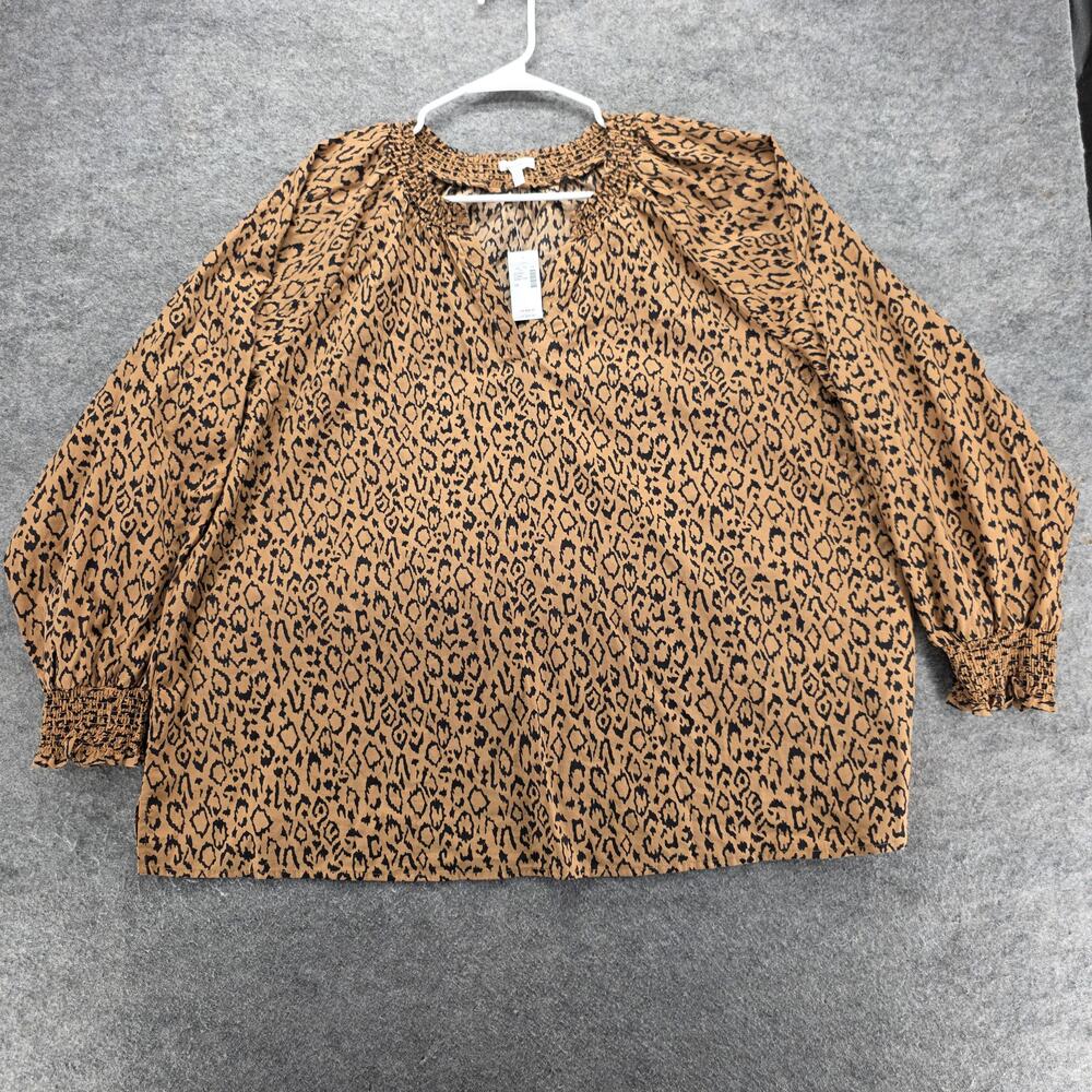 Maurices Tunic Blouse Womens 2X Brown Animal Print Puff Sleeve Smocked Cuff